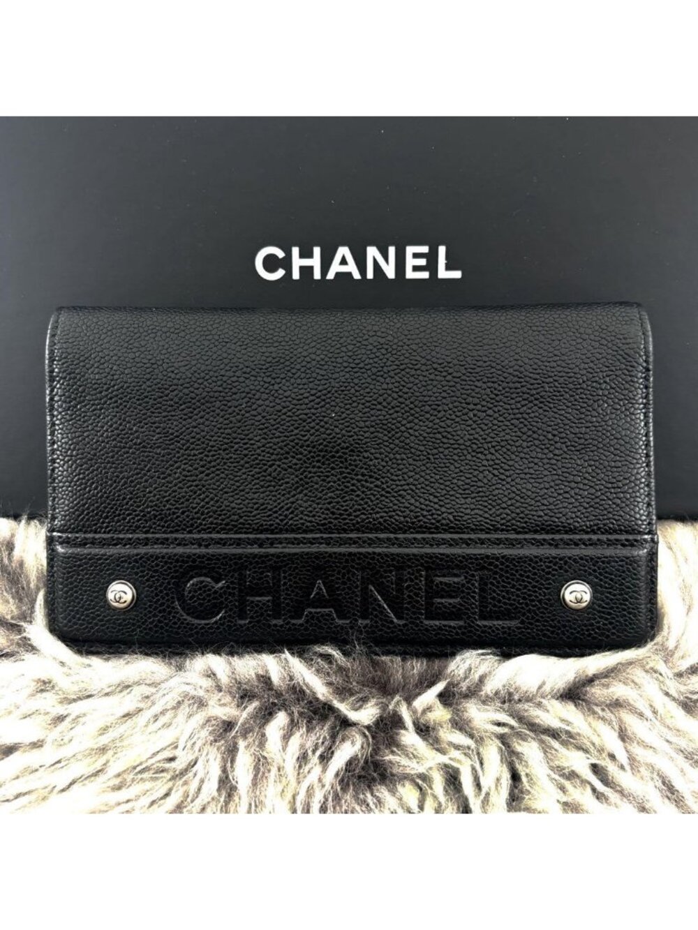 Chanel Wallet Logo Embossed Caviar Leather
